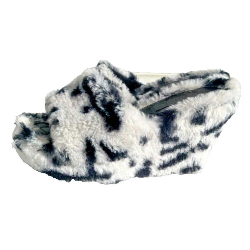 Leopard Fur Wedge High Heel Platform Slippers Dalmation Blk/White Cosplay Sz 8.5